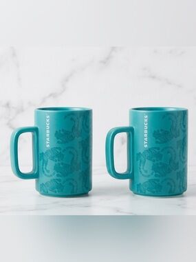Starbucks Sumatra Tiger Mugs Teal Blue Green Embossed 12oz Retired Set of 2